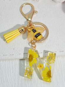 1 件首字母钥匙扣，带粉色可爱雏菊干花，女孩/女士包包吊坠装饰，带流苏配饰背包，适合学校汽车配饰哥特 Y2k - 黃色 - 查看 17