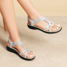 Women Flat Sandals Comfort Dressy Rhinestone Summer Sandals With Elastica Back Strap - 白色 - 查看 6