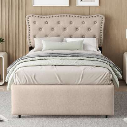 Sairedel 90*200 Cm Flat Bed, Upholstered Bed, Bedside Table Upholstery With Decorative Rivets, Double Drawers, Grey