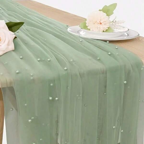Elegante tessuto in tulle color verde salvia con perline in poliestere, adatto per veli da sposa, abiti, costumi, sfondi, decorazioni per tavoli, tende e decorazioni per feste, tessuto da matrimonio, design di costumi, drappeggio decorativo, texture delicata, decoratori per la casa, drappeggio sfumato, drappeggio morbido, organizzatori di eventi