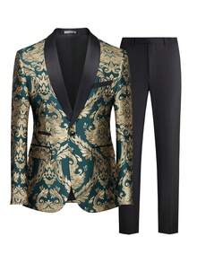 Men's Suit Floral Jacquard Shawl Lapel Tuxedo 2-Piece Set - Formal Blazer & Dress Pants For Wedding, Prom, Party - Green - View 3