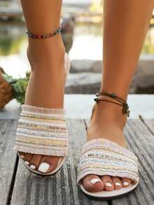Sandalias planas decoradas con lentejuelas y flecos para mujer, zapatos planos redondos de moda casual y coloridos - Rosado Sandía - Ver 5