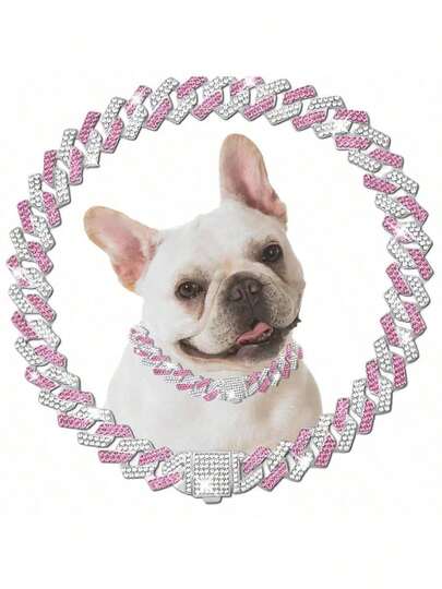 15mm Wide Silver-Pink Dog Collar With Artificial Diamonds, Cuban Chain Necklace For Small, Medium, Large Dogs & Cats, Pet Jewelry Accessories
