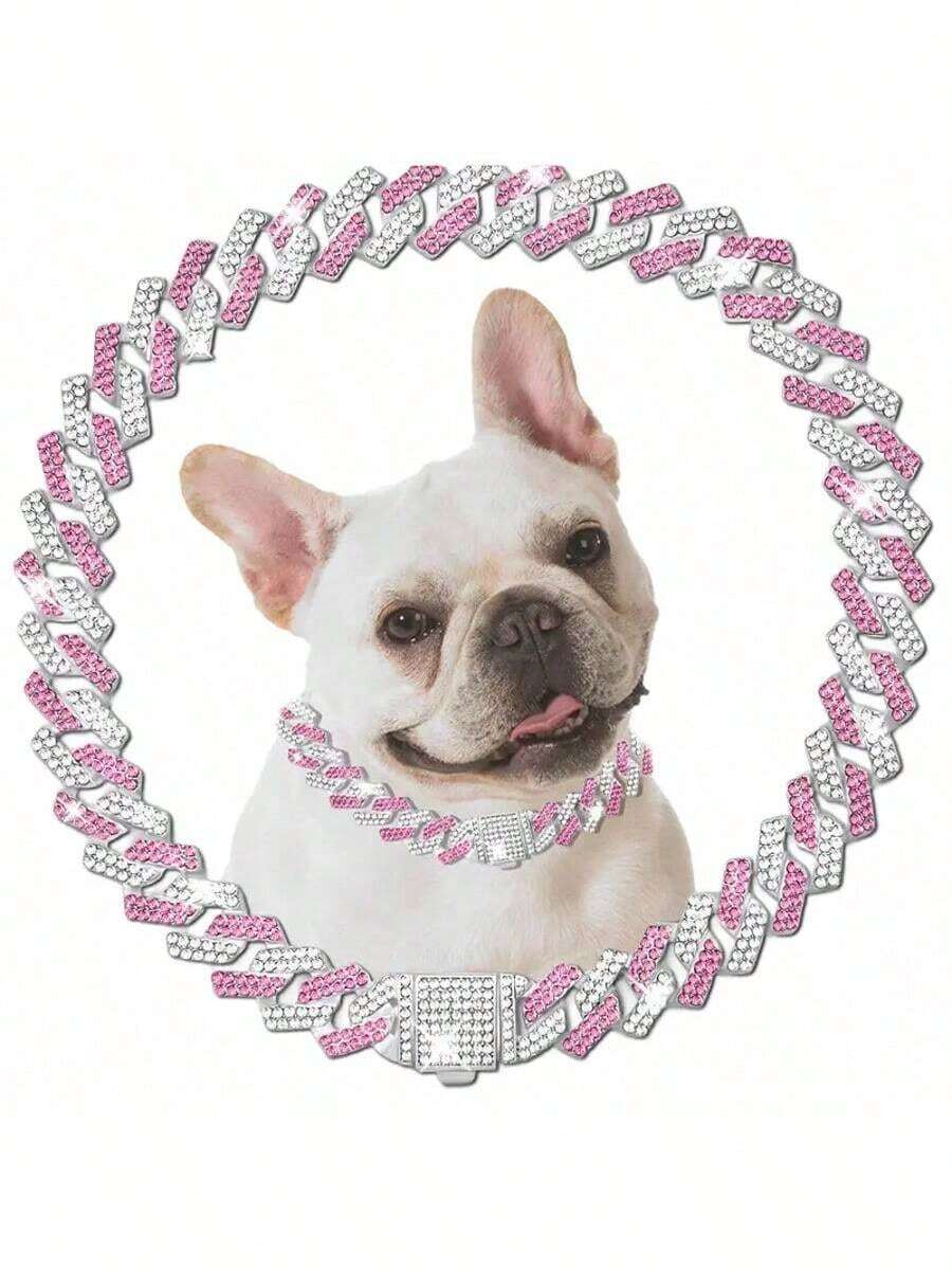 Collar de perro de 15 mm de ancho en color plata-rosa con diamantes artificiales, collar de cadena cubana para perros y gatos pequeños, medianos y grandes, accesorios de joyería para mascotas