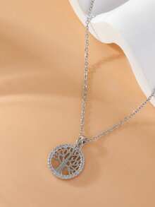 1 件女士时尚银色和金色空心生命之树吊坠项链，几何不锈钢颈链，欧美风格 - 金色 - 查看 3