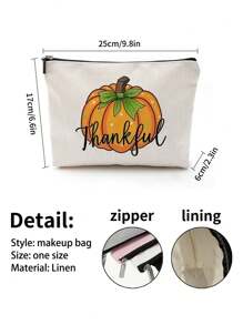 1pc Autumn Pumpkin Maple Leaf & Polka Dot Letter Pattern Linen Cosmetic Bag, Cute Travel Makeup Pouch & Multifunctional Coin Purse, Lightweight Women Essential Gift