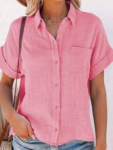 Womens Button Down Shirts Short Sleeve Linen Cotton Collared Button Up Casual Blouses Oversized Tops With Pocket - 粉色 - 查看 2