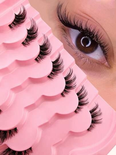 7 对半睫毛 14 毫米猫眼尾纤长睫毛自然造型 3/4 角假睫毛短款仿貂皮睫毛