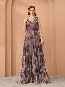 Mgiacy,New Arrival,V-Neck, Printed Mesh, Tie, Long Skirt With A Big Swing, High-End Evening Dress,FOR,Dinner Party - Purple - View 5