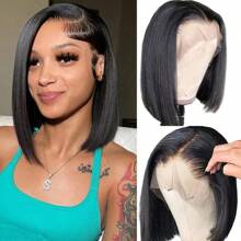 [Perruque en cheveux humains soyeux] Perruque lace closure droite brésilienne en cheveux humains sans colle de 20 pouces | Fermeture frontale en dentelle HD 4x4, pré-peignée et pré-découpée, densité de 180 %, prête à porter, fibre synthétique résistante à haute température mélangée avec des cheveux humains naturels noirs pour femmes