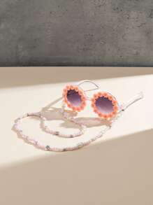 1pc Children Pink Daisy Decor Fashionable Glasses And 1pc Pink Faux Pearl Glasses Chain