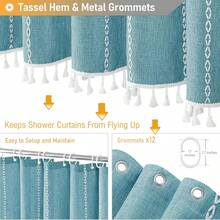 78 Inch Long Shower Curtain - Boho Farmhouse Linen Striped Fabric Shower Curtain Set With Tassel, Tall Country Water Repellent Cloth Shower Curtains Set For Bathroom With Hooks, 72x78, Teal - Teal Blue - View 7