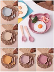 PopLittleOne 3件装婴儿硅胶餐具套装木柄勺子叉子卡通小熊碗碟零食盘喂食学习婴儿用品