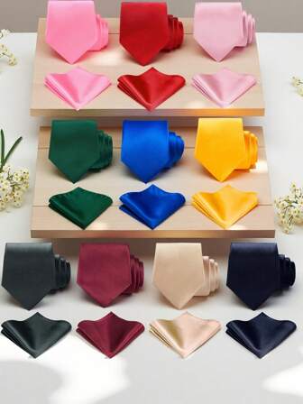 1 Set Men's Solid Color 8cm Necktie & Pocket Square Set, Satin Tie & Handkerchief Set, Business Tie And Pocket Square