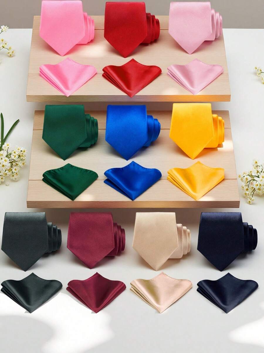 1 Set Men's Solid Color 8cm Necktie & Pocket Square Set, Satin Tie & Handkerchief Set, Business Tie And Pocket Square