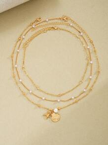 Set de 3 collares elegantes de estilo de moda para vacaciones en la playa con colgantes de estrella de mar, concha, perla falsa y rhinestone, juegos de collares de encanto de metal brillante para fiestas, regalos y uso diario