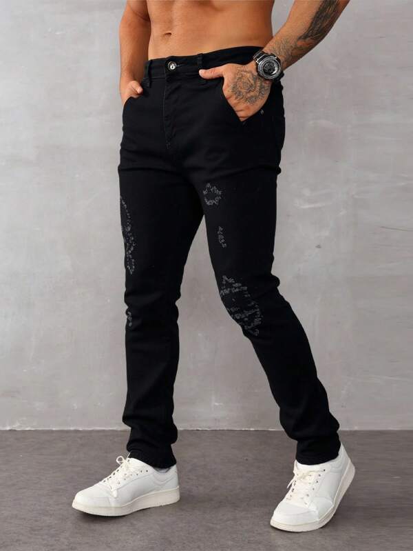 Pantalones vaqueros negros con rotos y aplicaciones de cristales, diseño vanguardista, tejido suave y elástico, informales y multifuncionales