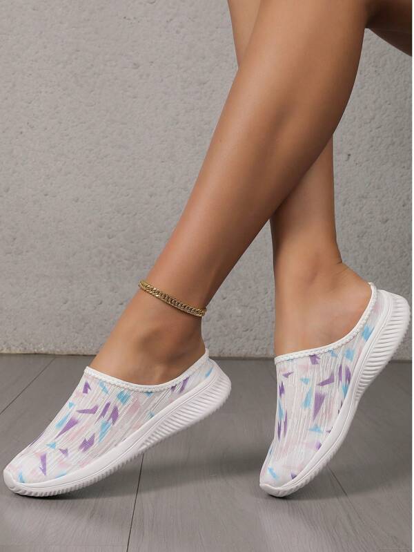 Women's Comfortable Mesh Blue & Green Splatter Printed Slip-On Flat Mules, Breezy Garden-Inspired Summer Casual Sandals