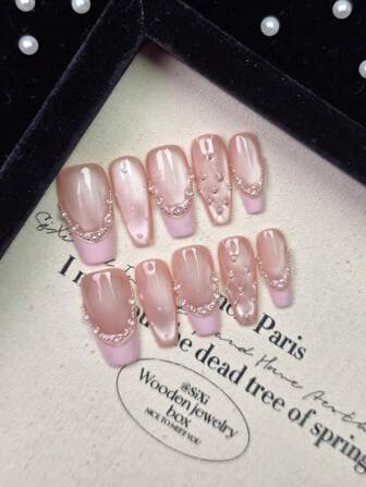 10 件/套浅粉色指甲法式指甲猫眼手绘圆点小格子珍珠饰物指甲，棺材按压指甲长全覆盖假指甲，极简主义柔软简约优雅风格按压指甲手工可穿戴假指甲，日常美甲 DIY 夏季指甲作为礼物适合女性和女孩美甲指甲用品