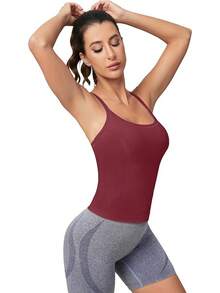 Workout Tops Women With Built In Bra, Sleeveless Gym Tops Seamless Racerback Athletic Yoga Shirts, Activewear - 酒紅色 - 查看 3