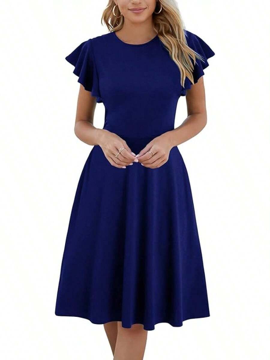 Women's Semi-Formal Ruffle Sleeve V-Back Work Fit And Flare Cocktail Knee Length Dress With Pockets, 2025 Style - 寶藍色 - View 1