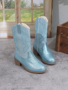 1pc Girls' Western Embroidered Fashion Mid-Calf Boots, Pointed Toe Chunky Heel Side Zipper Lightweight Gold Knight Boots, Suitable For Toddler/Little Kid, Party, School, Vacation, Walking, Costume, Easter/Christmas - Blue - View 8