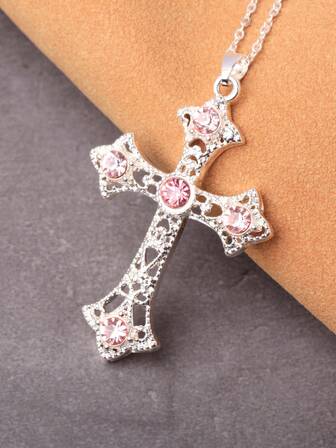 1pc Silver-Plated Pink Cross Pendant Necklace, Classic Couples Cross Necklace, Multi-Color Available
