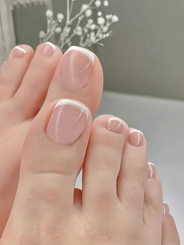 24pcs Summer Short French Tips Fake Toenails + 1pc Jelly Toe + 1pc Cuticle Pusher