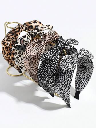 5 pièces Serre-tête oreilles de lapin imprimé léopard élégant et chic pour femmes, polyvalent pour un port quotidien, accessoires nœud, imprimé animal, accessoires cheveux, bandeau, diadème