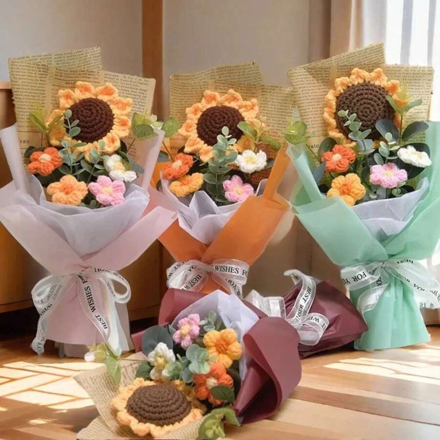 Ramo de flores artificiales de ganchillo, hecho a mano, para aniversario, girasol, Margarita, regalo de cumpleaños para el día de la madre, flor eterna - Azul - Ver 1