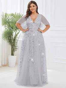 Plus Size Elegant Sequin Ruffle Sleeve Formal Silver Dress, Summer Party Dress - Silver - View 5