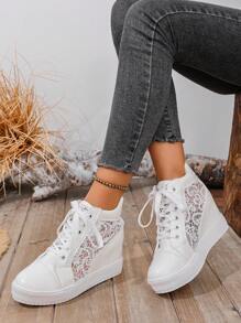 Women Hidden Heel Mesh High Top Sneakers, White Lace Up Round Toe Casual Sports Shoes, Spring/Autumn