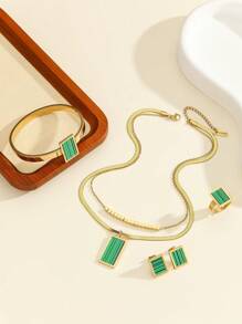 Juego de joyas de 5 piezas con collar de cadena de doble capa con cuentas cuadradas doradas de acero inoxidable, aretes, pulsera y anillo, accesorios de fiesta, juego de joyas de moda