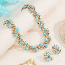 3pcs/Set Vintage Elegant Bohemian Style Necklace & Earrings Jewelry Set, Skyblue Delicate Dainty Necklace Everyday Luxury Accessories For Women