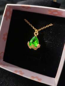 Water Drop Pendant Necklace Zirconia Flower Stainless Steel Chain Gold Choker Women Fashion Elegant Delicate Gift - 綠色 - 查看 10