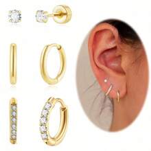 3 perechi de cercei hipoalergenici din oțel inoxidabil pentru găuri multiple pentru urechi, cercei rotunzi delicați placați cu aur de 14K pentru femei, cercei mici la modă și drăguți, tip rotund și șurub, pentru urechi sensibile