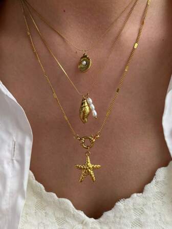 1 pieza Collar colgante de acero inoxidable con diseño de estilo oceánico que incluye concha marina, perla y estrella de mar, con cierre de langosta, chapado en oro de 18k, impermeable y versátil para mujer