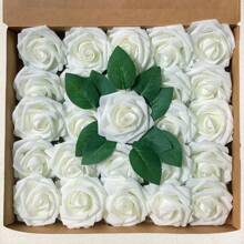 26 Piezas de rosas blancas artificiales con hojas verdes - Ideal para bodas, Día de San Valentín, Día de la Madre, Acción de Gracias y decoraciones de fiesta, decoración de boda | Arreglos florales elegantes | Rosas de plástico, flores de boda artificiales