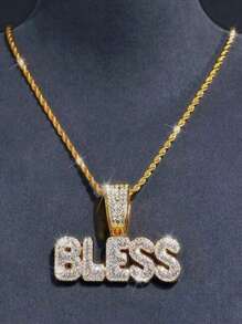 1pc Punk Rock Cuban Link Necklace For Men & Women - Shiny BLESS Pendant With Rhinestone Accents, Golden-Tone Chain, Unisex Hip Hop Jewelry Gift For Birthday, Mother's Day, Father's Day