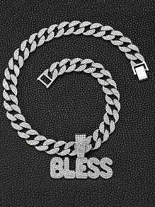 1pc Punk Rock Cuban Link Necklace For Men & Women - Shiny BLESS Pendant With Rhinestone Accents, Golden-Tone Chain, Unisex Hip Hop Jewelry Gift For Birthday, Mother's Day, Father's Day