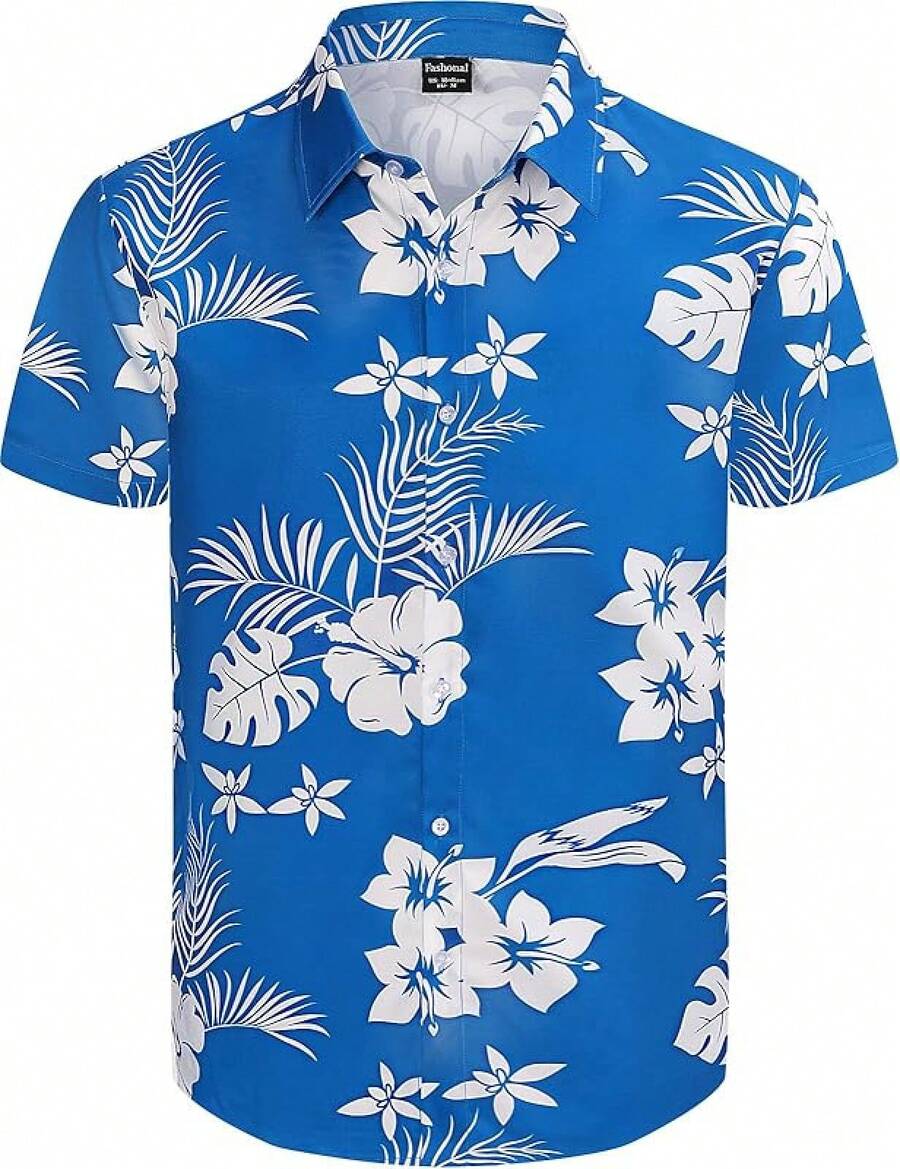 Men's Hawaiian Shirt Button Down Tropical Beach Short Sleeve Aloha Shirthalloween - 白花藍 - 查看 1