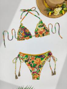 2pcs/Set Sexy Backless Allover Print Bikini Set, For Beach, Vacation, Summer - Green and Yellow - View 3