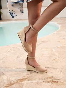Tropiscape 女士极简主义踝带草编鞋，休闲度假风，毛绒金属扣杏色绒面革绳底女士杏色坡跟厚底鞋，营造度假氛围，放松身心，海滩休闲，秋季圣诞节，冬季圣诞礼物 - 杏色 - 查看 3