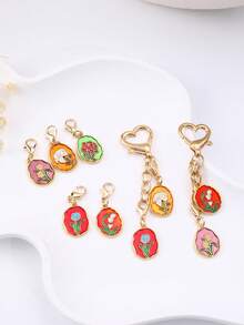 1pc Metal Flower Card Alloy Enamel Pendant Tulip Rose Colorful DIY Keychain Accessory Car Accessories Bag Charm Backpack For School - Multicolor - View 4