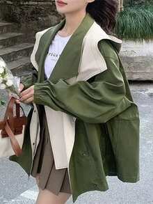 Stylish Women's Woven Fabric Long Sleeve Coat With Collar, Zipper And Pockets, Regular Length Design, Autumn/Winter - Green - View 6