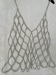 DEKUNER 1pc New Leisure Style Of Simple Faux Pearl Halter Tops Teen Style Cute Beaded Beautifully Cami Vest ,Pearl Bead Body Chain