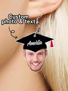 1pc Personalized Face + Name Photo Earrings With Graduation Cap - Custom Acrylic Photo Dangly Jewelry Gift For Graduates, Funny Graduation Party