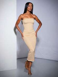Vestiso mujer strapless largo maxi  rayas  color combinado   casual  dulce  sencillo   canalé  rib  abertura trasera caminar playa  noche de fiesta  vacaciones oficina  casa  diario  fiesta de cumpleaños  jardín  calle  concierto de música country  verano - Beis - Ver 4