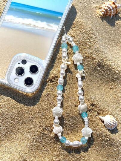 1pc Summer Vacation Style White Faux Pearl Starfish Shell Beaded Smart Phone Strap Lanyard