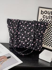 1 Pieza Bolso de tote acolchado con diseño floral, de gran capacidad, con correa de hombro, bolso de tote acolchado, bolso de tote de correa corta, bolsa escolar, bolso de hombro acolchado a cuadros, bolso de tote, diseñador para mujeres y niñas, bolso de mano acolchado y abultado, bolsos esenciales de viaje para mujeres, bolso de viaje indispensable, accesorios de bolso adecuados para ir al trabajo, la escuela y viajar